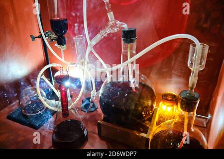 Vessels with the red liquid looked like blood in a glass container, the circulatory system Stock Photo