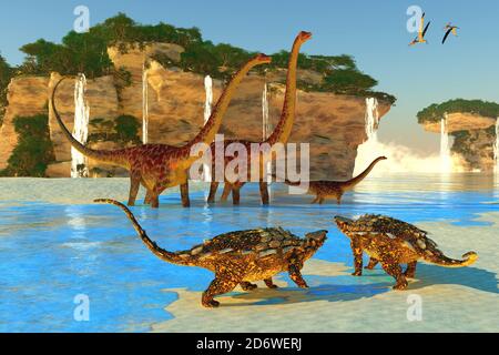 Pteranodon reptiles fly over a North American coastline full of Diplodocus and Gargoyleosaurus dinosaurs. Stock Photo