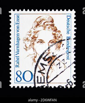 MOSCOW, RUSSIA - MAY 13, 2018: A stamp printed in Federal Republic of Germany shows Rahel Varnhagen von Ense (1771-1833), writer, Women in German Hist