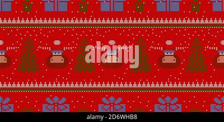 Knitted pattern. Knitting with needles. Seamless red winter pattern. year of the bull or ox Stock Vector