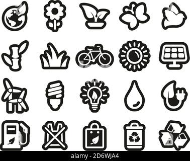Ecology Or Eco Friendly Icons White On Black Sticker Set Big Stock Vector