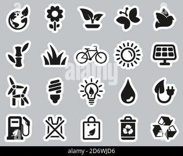 Ecology Or Eco Friendly Icons Black & White Sticker Set Big Stock Vector