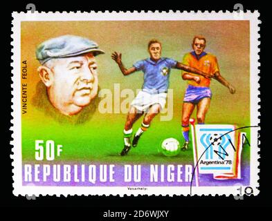 MOSCOW, RUSSIA - MAY 13, 2018: A stamp printed in Niger shows Vicente Italo Feola (1909-1975), Coach of Brasil, FIFA Worldcup 1978 - Argentina serie, Stock Photo