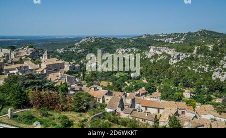 view of the village of Les Baux-de-Provence from the castle ruins, Bouches-du-Rhône department, Provence, Southern France Stock Photo