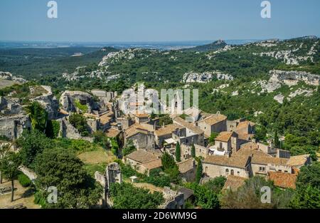 view of the village of Les Baux-de-Provence seen from the keep of the ruined castle, Bouches-du-Rhône department, Southern France Stock Photo