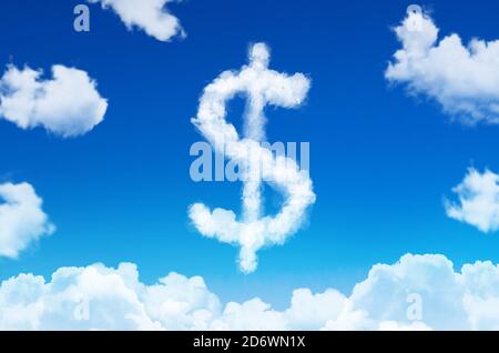 Symbol of a dollar in the form of clouds of steam against a blue sky with clouds Stock Photo