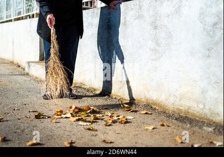 Senior woman cleaning fallen autumn leaves on the street Stock Photo