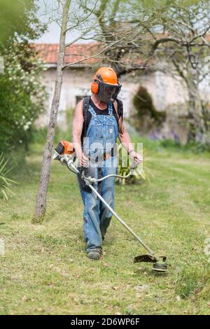 Landscaper using a thermal brush cutter. Stock Photo