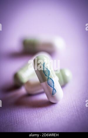 Deoxyribonucleic acid (dna) capsules, computer artwork. Stock Photo