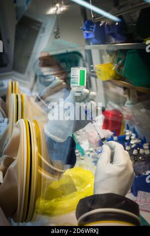 Preparation of chemotherapy treatments. Bordeaux University Hospital Pharmacy, France. Stock Photo