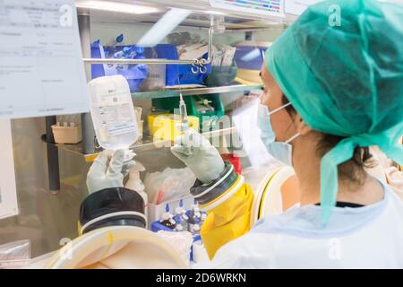 Preparation of chemotherapy treatments. Bordeaux University Hospital Pharmacy, France. Stock Photo