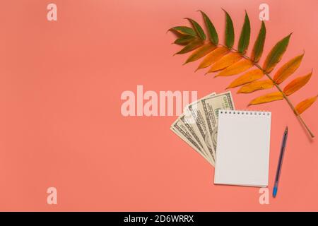 A blank Notepad page, and a yellow autumn leaf and old us dollar bills on a pink background. Note, synopsis, recipe, balance, expenses, income, budget Stock Photo