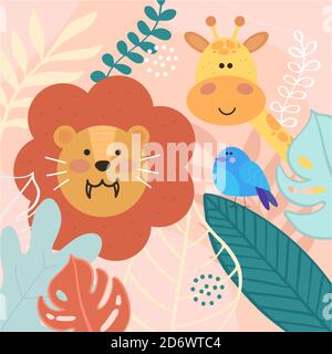 animals in tropical jungle lion, giraffe, bird Stock Vector