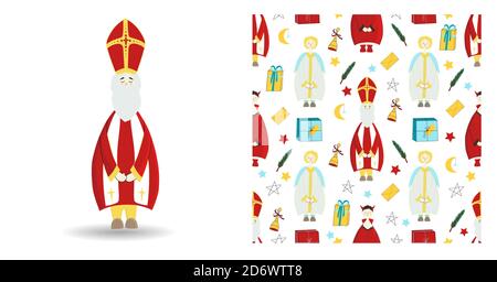 Set of festive illustration. Saint nicholas character isolated on white. Seamless winter pattern with gifts and star Stock Vector
