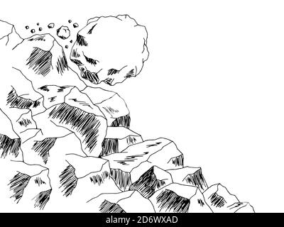 Stone rolls down the mountain graphic black white landscape sketch illustration vector Stock Vector