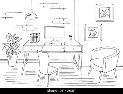 Office graphic black white interior sketch illustration vector Stock Vector