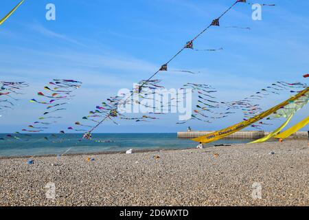 DIEPPE, FRANCE - SEPTEMBER 11, 2018: Kite festival.Kites in the sky in Atlantic ocean Stock Photo