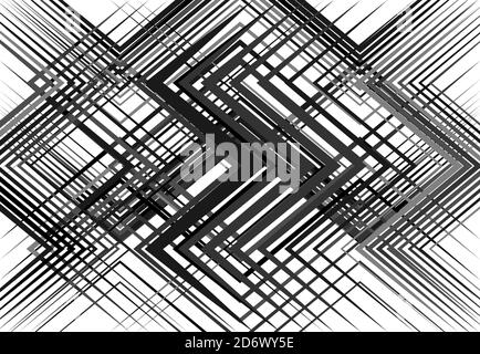 Geometric structure, network, chaotic jumble of straight, angular intersecting lines. Abstract random grid, mesh. Grayscale, black and white texture, Stock Vector