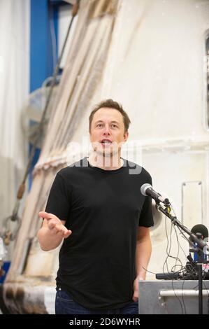 McGregor, Texas June 13, 2012: SpaceX CEO and Chief Designer Elon Musk answers questions about the private Dragon spacecraft that returned to earth May 31st after delivering supplies to the International Space Station. The facility outside of Waco, Texas is a major test site for SpaceX.