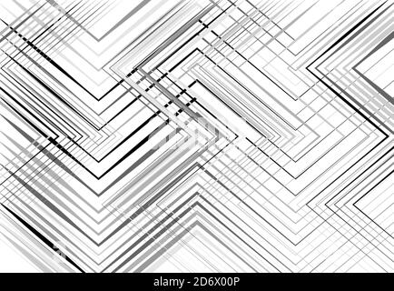 Geometric structure, network, chaotic jumble of straight, angular intersecting lines. Abstract random grid, mesh. Grayscale, black and white texture, Stock Vector