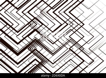 Geometric structure, network, chaotic jumble of straight, angular intersecting lines. Abstract random grid, mesh. Grayscale, black and white texture, Stock Vector
