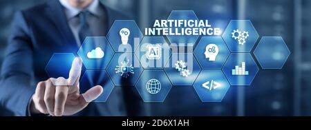 Businessman is pressing on the virtual screen. Artificial intelligence industry. Stock Photo
