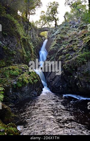 Aira Force Waterfall near Ullswater in the lake District National Park, England. Sun is starting to set with a yellow glow. A bridge over the falls. Stock Photo