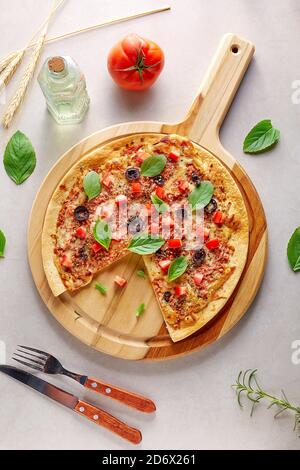 bacon, melted, spices, bread, arugula, ketchup, mediterranean, white, concept, junk food, flat, toned, appetizer, herb, onion, cooking, junk, herbs, u Stock Photo