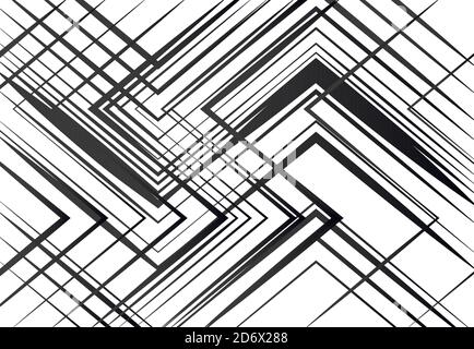 Geometric structure, network, chaotic jumble of straight, angular intersecting lines. Abstract random grid, mesh. Grayscale, black and white texture, Stock Vector
