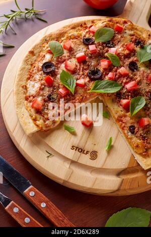 bacon, melted, spices, bread, arugula, ketchup, mediterranean, white, concept, junk food, flat, toned, appetizer, herb, onion, cooking, junk, herbs, u Stock Photo