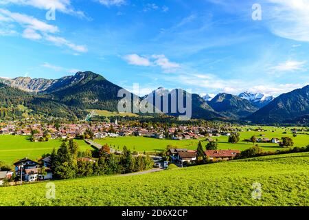 Panorama view on Obersdorf in Allgau. Rubihorn, Nebelhorn mouintain, Bavaria, Bayern, Germany. Big (Großer) Klottenkopf, alps Mountains in Tyrol, Aust Stock Photo
