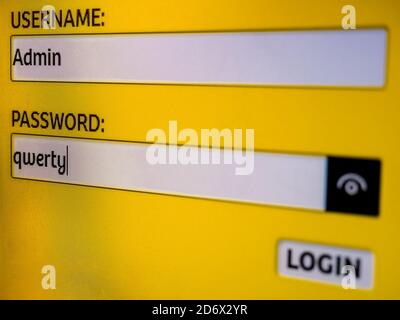Closeup of login and password screen on LED pc display. Login in text boxes: Username: Admin and Password: qwerty Stock Photo
