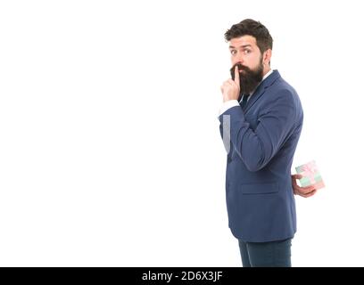 secret gift. businessman in formal suit on party. happy birthday shopping. boxing day. Delivery company business. success and reward. bearded man hold valentines present. keep a secret. Shopaholic. Stock Photo