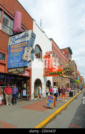 Bars on historical Broadway in downtown Nashville, Tennessee, USA