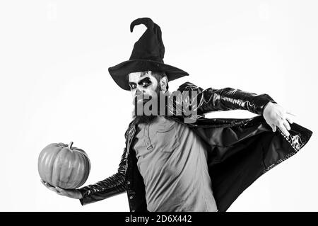 Portrait of funny man with Halloween skull make up showing his emotions - full length. Design for Halloween banner. Vampire man on Halloween night Stock Photo