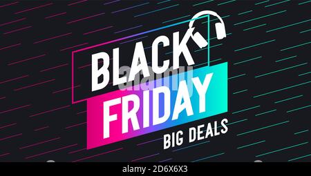 Banner, flyer or poster design for Black Friday promotion. Music headphones icon illustration. For offers of music gadgets, instruments. Background de Stock Vector