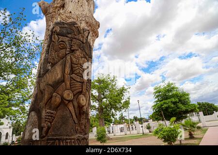 Danzante Yaqui, deer figure or dance of the deer carved on wood in a dry tree trunk in the town of Cocorit, Sonora, Mexico. Yaqui people in Cajeme, Mexico. (Photo by Luis Gutierrez / Norte Photo) Danzante Yaqui, figura de venado o danza del venado tallado sobre la madera en un tronco de arbol seco en el pueblo de Cocorit, Sonora , Mexico. Pueblo Yaqui en Cajeme, Mexico (Photo by Luis Gutierrez/Norte Photo) Stock Photo