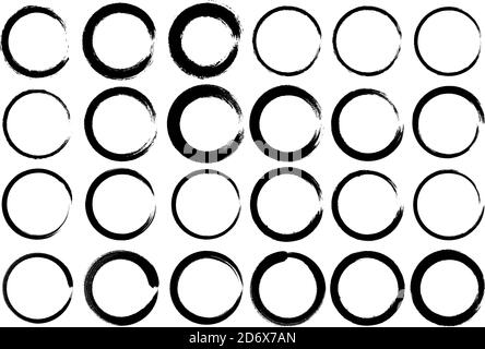 Set of vector circles with irregular stroke. Round brushstroke Different thicknesses and stroke style. Isolated figure. Grunge style. Stock Vector