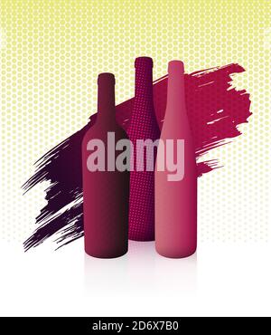 Illustration with volume of different wine bottles. Colours of red and rosé wine. Halftone dot texture. Illustration for wine event designs. Abstract Stock Vector