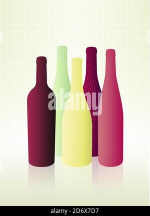Illustration with volume of different wine bottles. Colors of red, rosé and white wine. Halftone dot texture. Illustration for wine event designs. vec Stock Vector