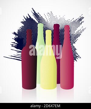 Illustration with volume of different wine bottles. Colors of red, rosé and white wine. Halftone dot texture. Illustration for wine event designs. Abs Stock Vector