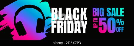 Banner, flyer or poster design for Black Friday promotion. Music headphones icon illustration. For offers of music gadgets, instruments. Background de Stock Vector