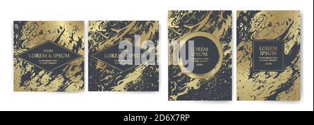 Set of design templates with golden texture, marble effect. Golden and dark gray background with luxury look. Suitable for wedding invitations, Stock Vector