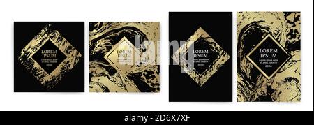 Set of design templates with golden texture, marble effect. Golden and black background with luxury look. Suitable for wedding invitations, birthdays, Stock Vector