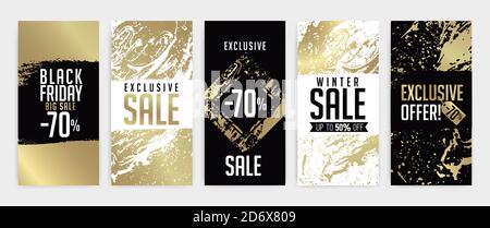 Set of vertical banners for promotion, offers and sales.Templates for social media stories. Vector illustration. Golden texture, editable color. Sampl Stock Vector