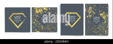 Set of design templates with golden texture background. Suitable for wedding invitations, VIP events and parties, covers, promotions. Cards, flyers, b Stock Vector