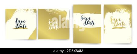 Templates with white and gold designs. white and gold strokes. Idea for wedding invitation. Text Save the Date. Luxury, elegance, simple, artistic. Ve Stock Vector
