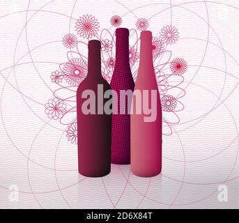 Illustration of red wine bottles with volume. Background lines and geometric flowers illustration. Modern illustration. For wine event designs. Vector Stock Vector