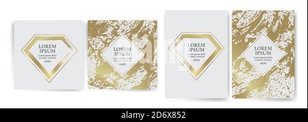 Set of design templates with golden texture, marble effect. Luxury and elegance. Gold and white color. Vector diamond shaped stroke. Suitable for wedd Stock Vector