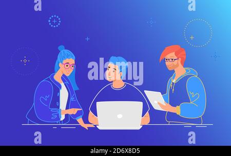 Three guys working as a team on a new project or startup Stock Vector